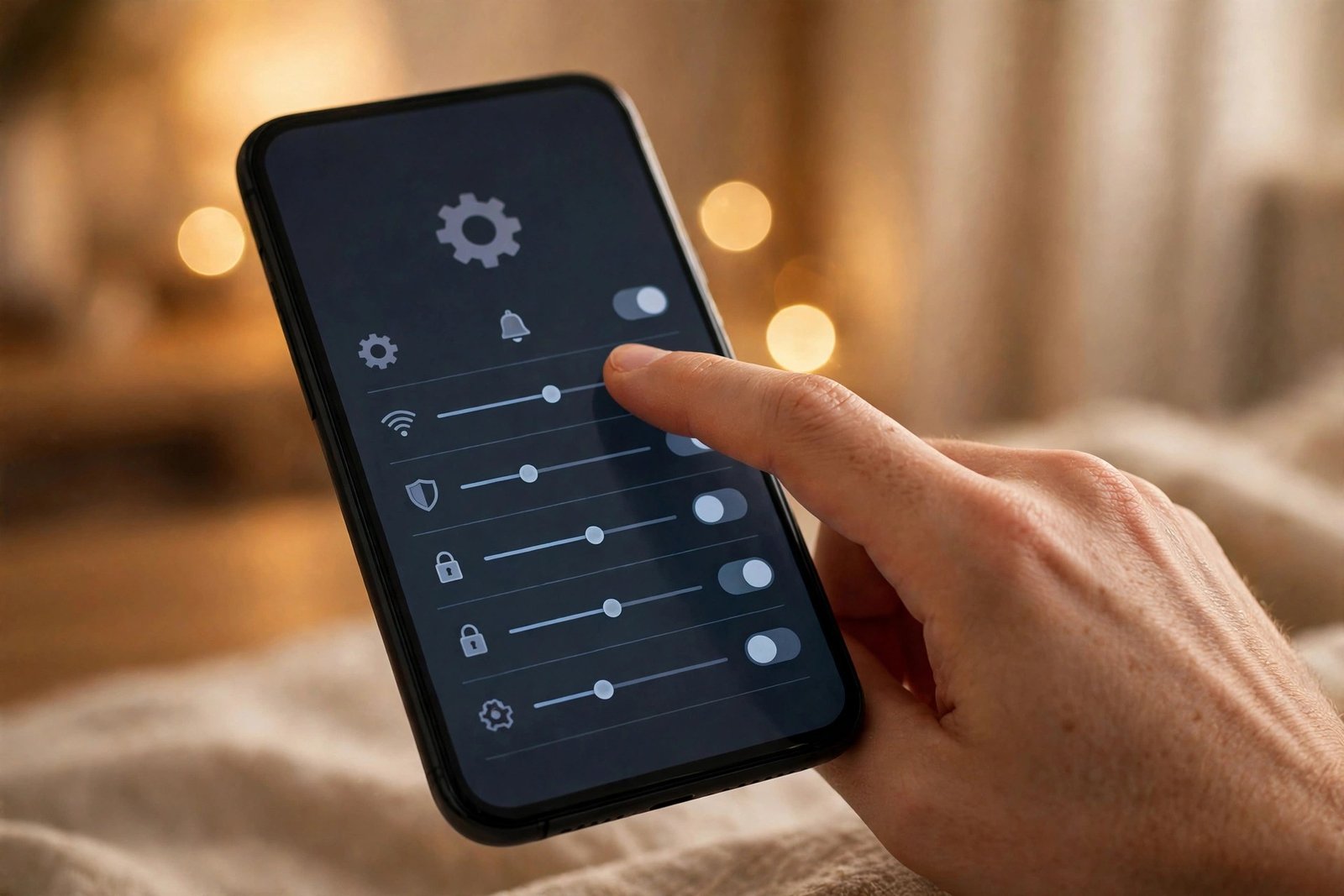 A person tapping the backup settings on a smartphone at home, photorealistic