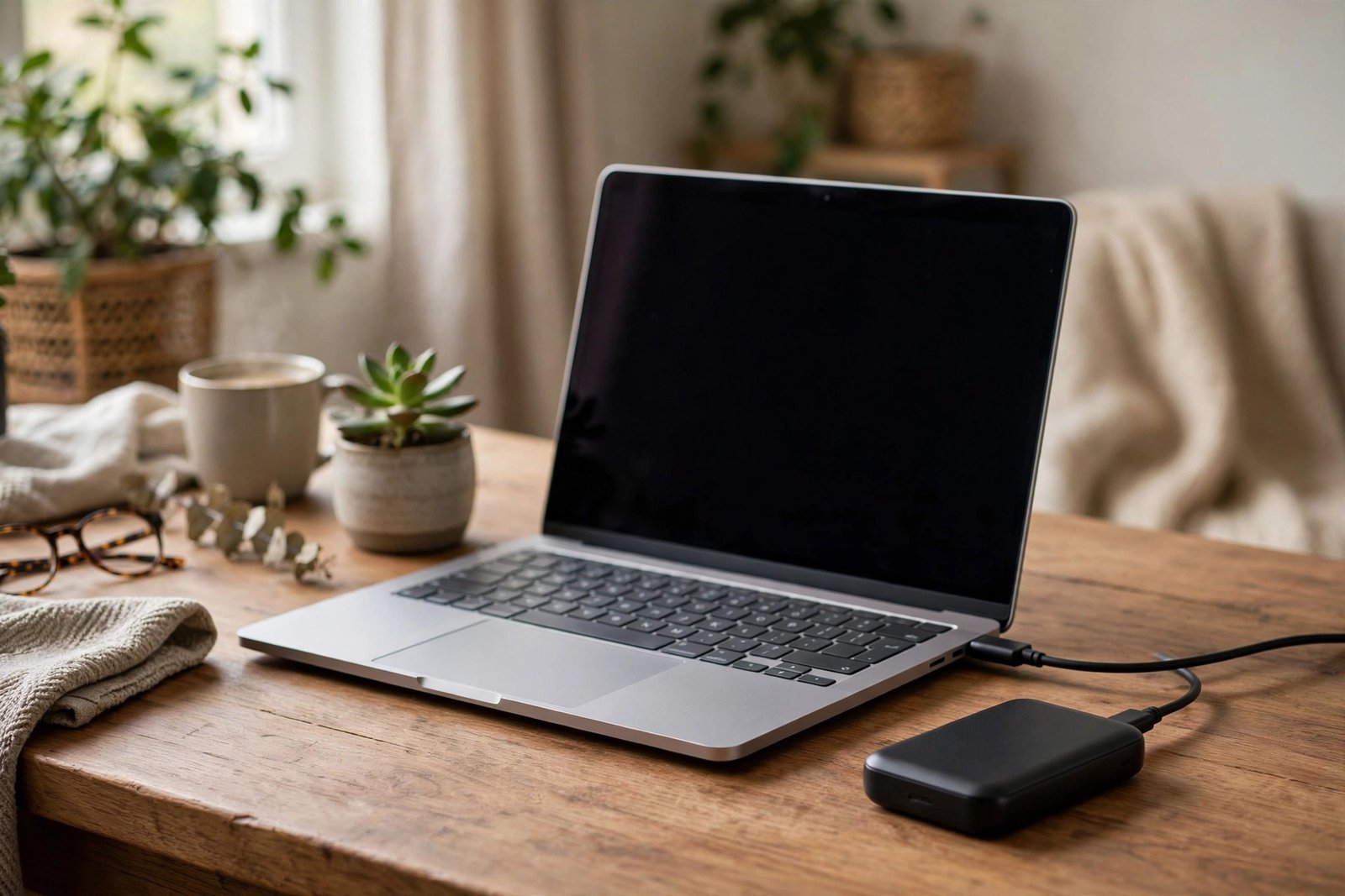 An external hard drive connected to a laptop for local phone backups, photorealistic