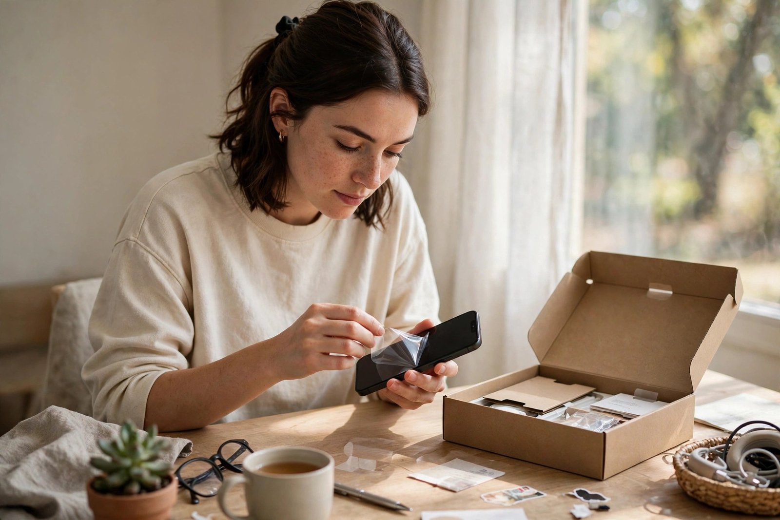 A person setting up a new smartphone at a desk while data restores from the cloud, photorealistic