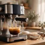 Home espresso machine pulling a shot of espresso with thick golden crema into a clear glass cup in warm morning kitchen light