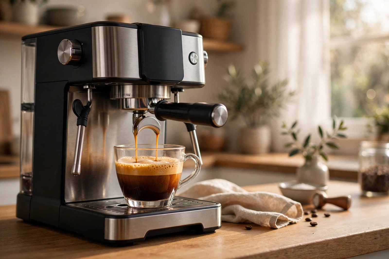 Home espresso machine pulling a shot of espresso with thick golden crema into a clear glass cup in warm morning kitchen light