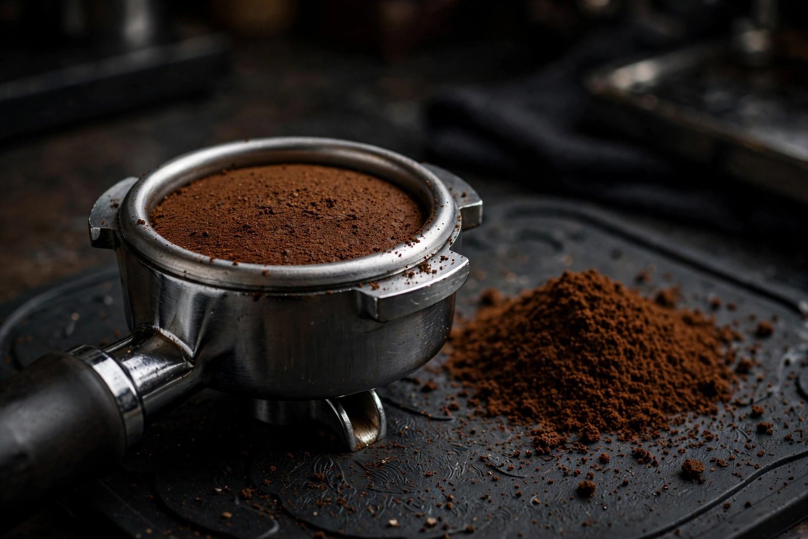 Close-up of a portafilter with freshly tamped espresso grounds on a tamper mat beside ground coffee