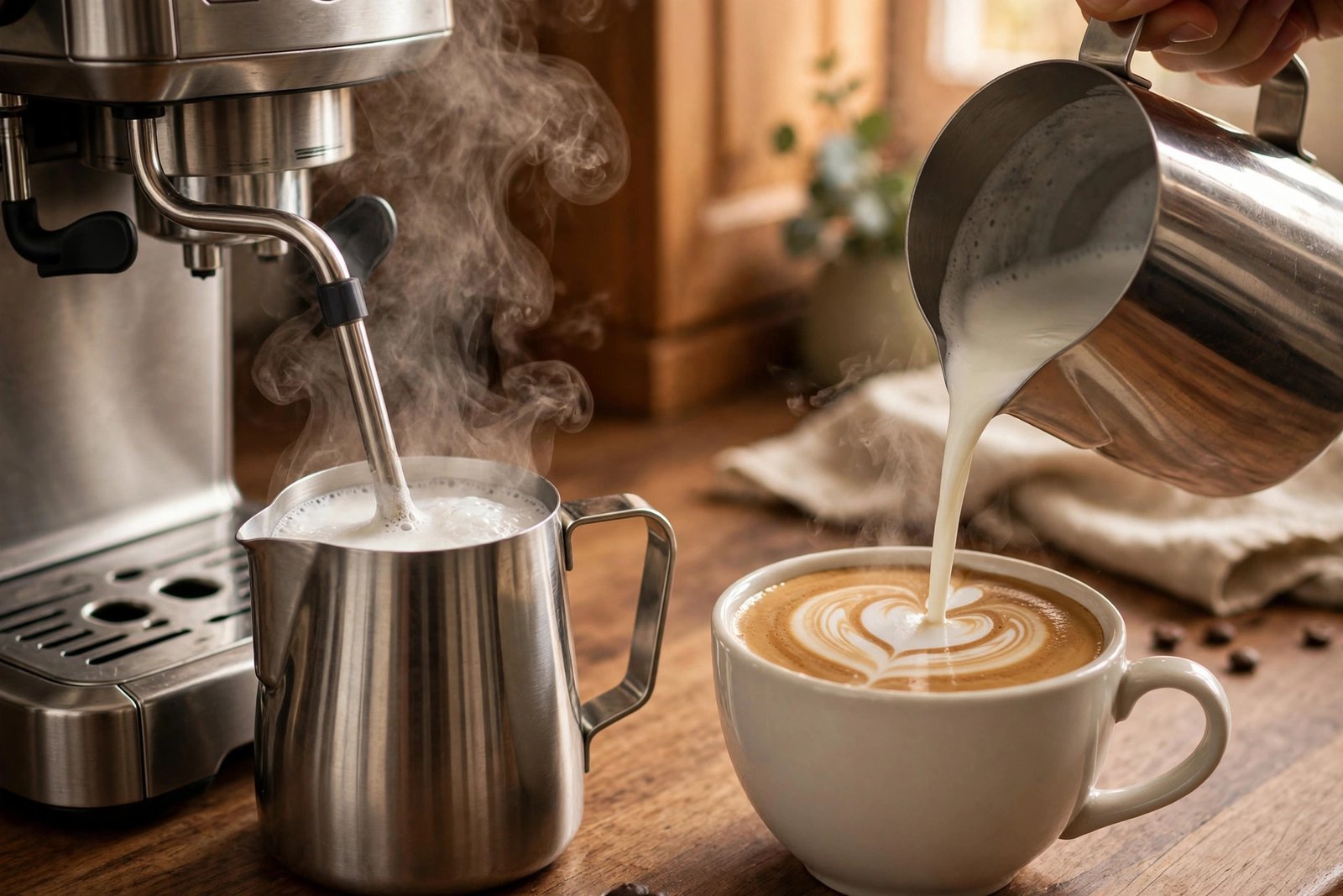 Espresso machine steam wand frothing milk in a stainless steel pitcher beside a latte with heart latte art