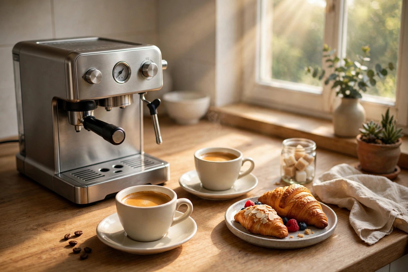 Cozy kitchen counter with a compact espresso machine, two finished cups of espresso, and pastries in morning sunlight