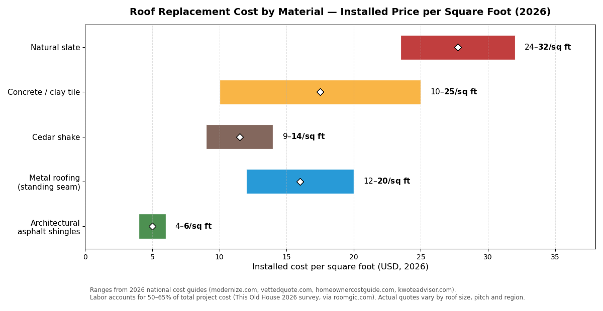 Bar chart of installed roof replacement cost per square foot in 2026 by material, from architectural asphalt shingles at $4 to $6 per square foot up to natural slate at $23.50 to $32 per square foot
