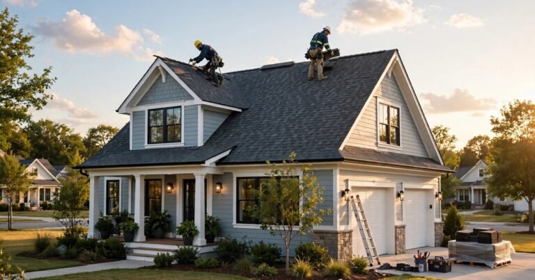 Newly installed architectural shingle roof on a suburban house at golden hour with workers finishing the job