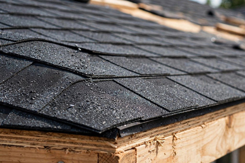Close-up of dark charcoal architectural asphalt shingles being installed on a residential roof