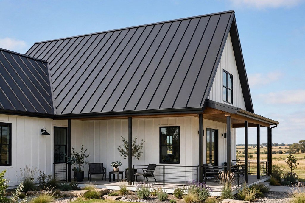 Standing seam metal roof with clean vertical panels on a modern farmhouse under a blue sky