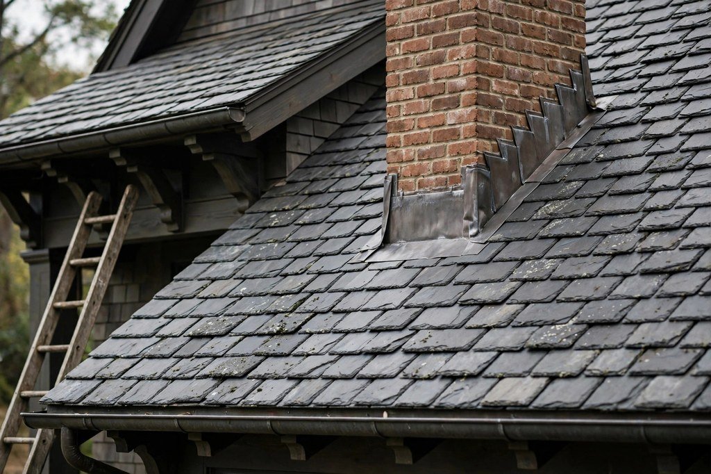 Dark gray slate tile roof with flashing detail around a brick chimney on a craftsman home