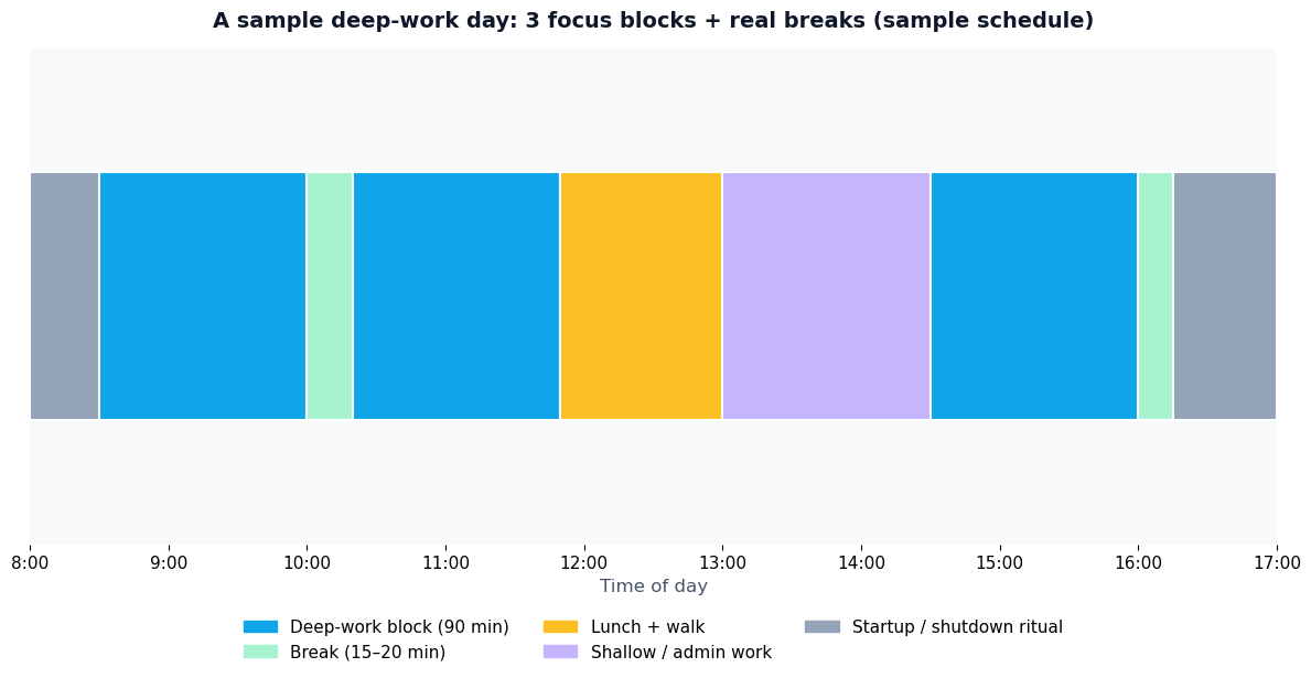 Sample deep-work day schedule chart showing 90-minute focus blocks, breaks, lunch, and admin time from 8:00 to 17:00