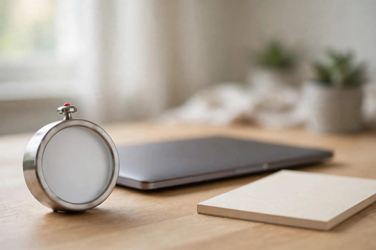 A kitchen timer beside a closed laptop on a tidy wooden desk, representing a timed deep-work focus block