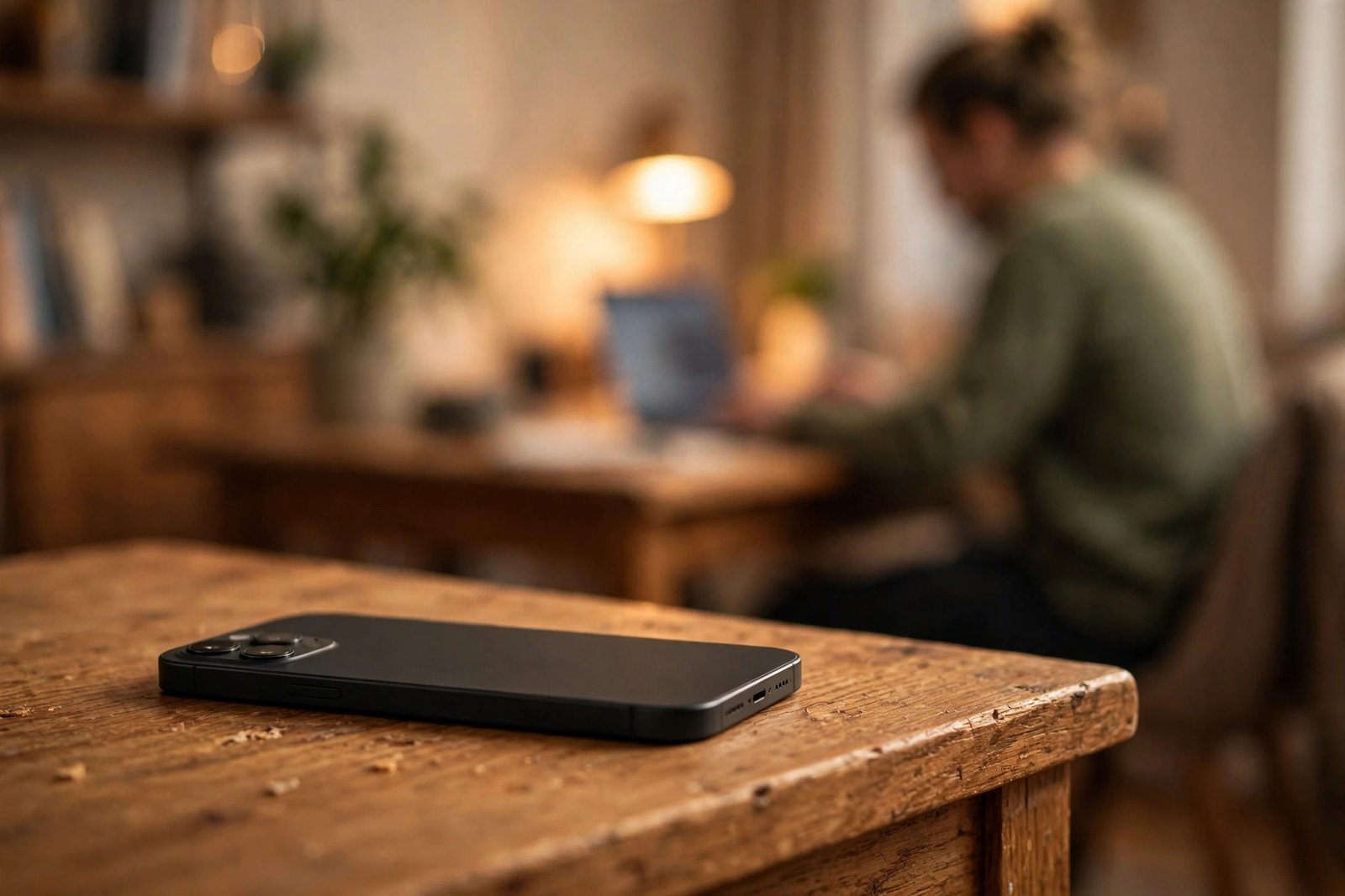 Smartphone lying face-down on a wooden side table in another room while someone works at a blurred desk in the background, symbolizing putting the phone away to remove digital distractions