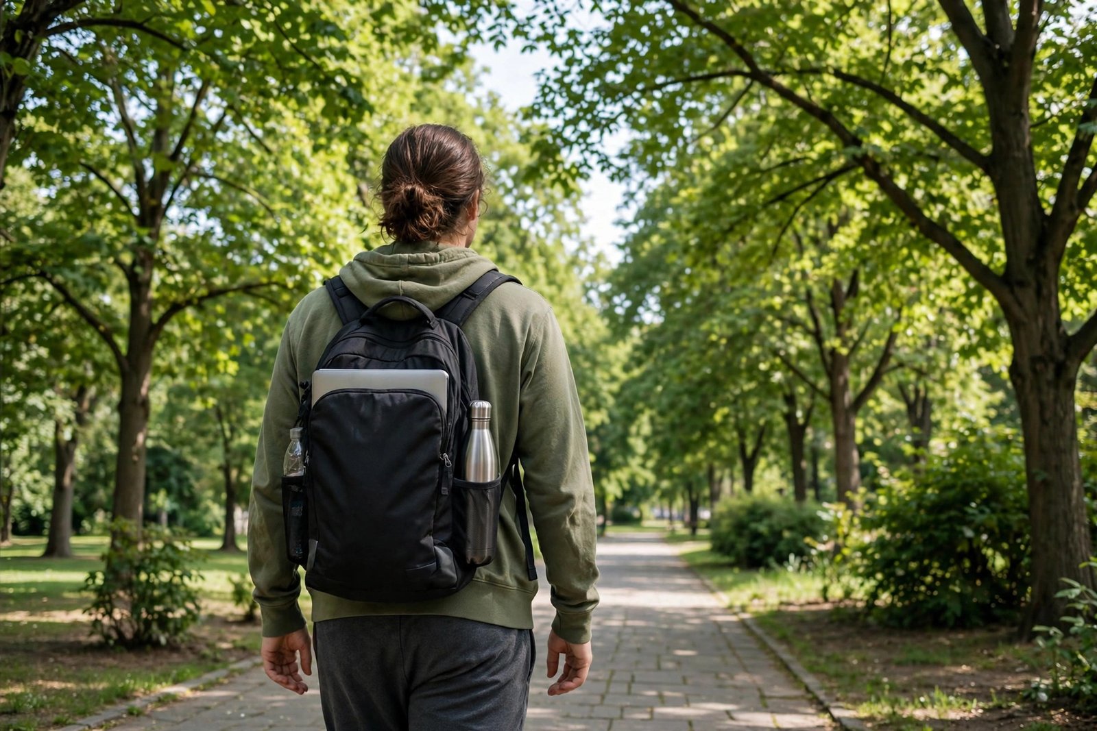 Person taking a midday walk outdoors with trees and daylight, illustrating an energy-restoring break during a remote workday
