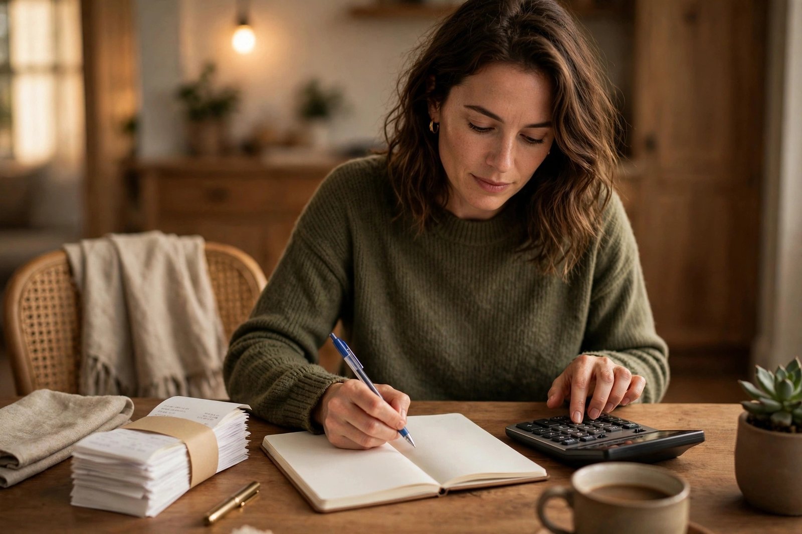 Person calculating a household budget with a calculator and notebook at a dining table