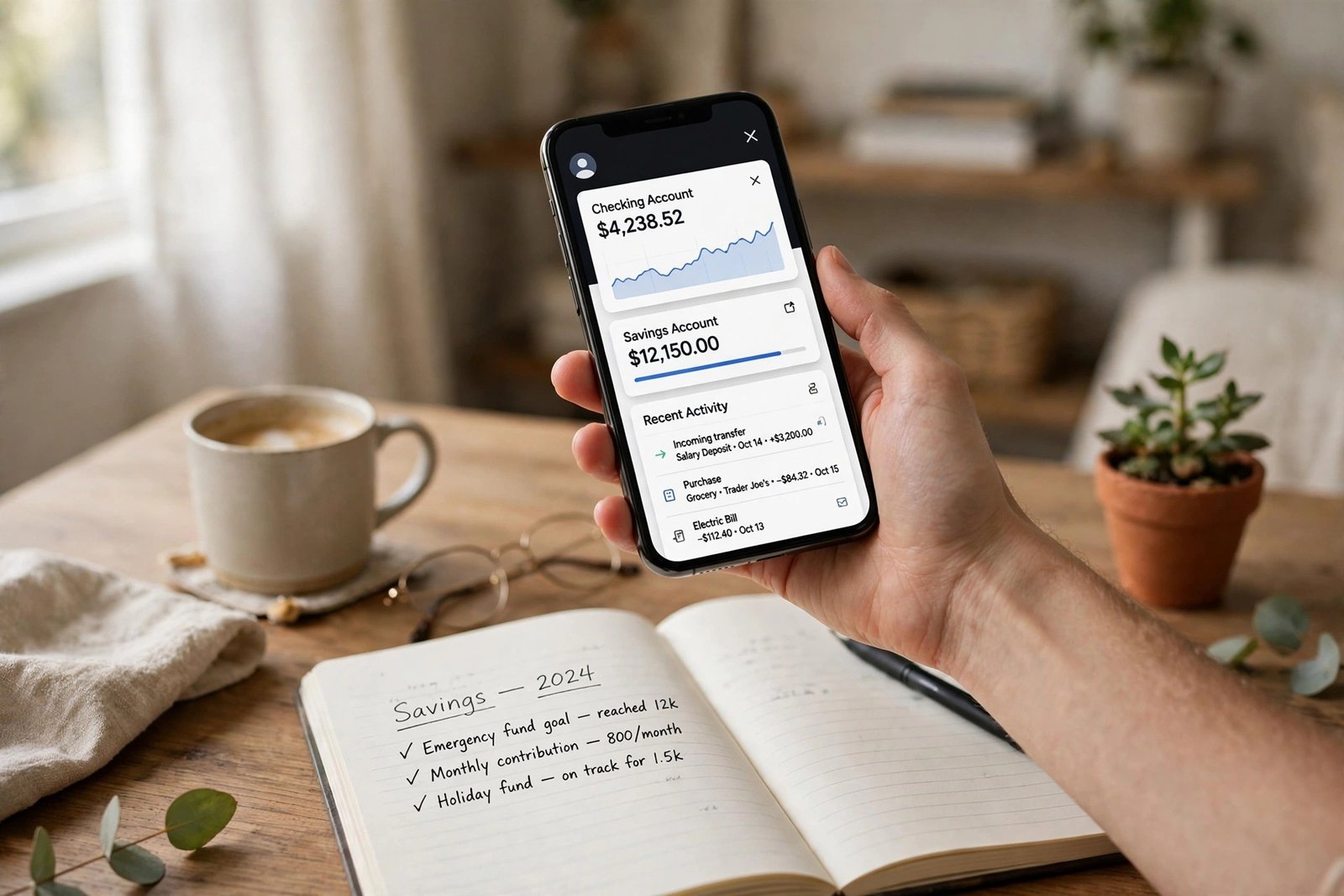 Smartphone showing a banking app held over a desk with a savings notebook
