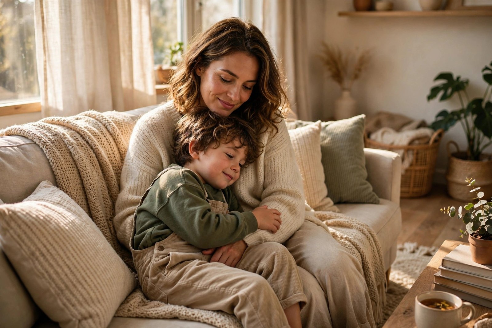 Mother and child in a cozy living room, representing financial security