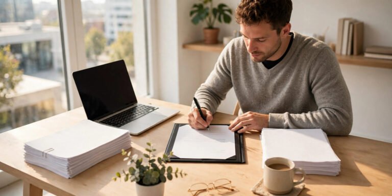 Small business owner signing business formation documents at a sunlit desk with laptop and paperwork