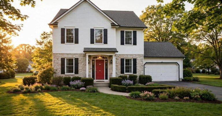 Charming two-story suburban home with red front door and manicured lawn at golden hour