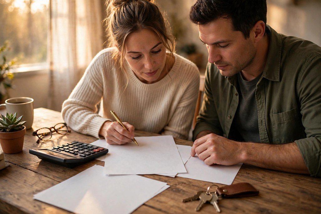 Couple reviewing mortgage paperwork with a calculator and house keys on a wooden desk