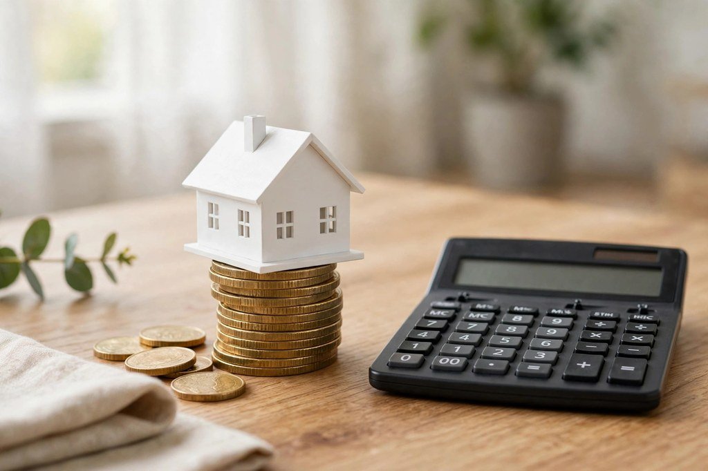 Small model house on stacked coins next to a calculator representing a home down payment budget