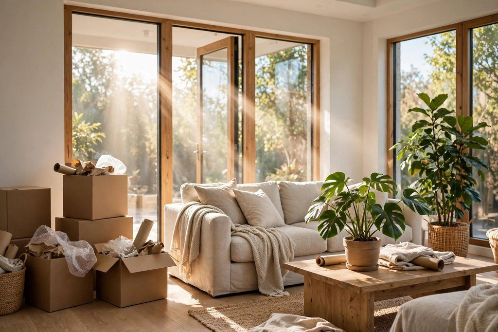 Bright living room of a newly purchased home with moving boxes and a houseplant in sunlight