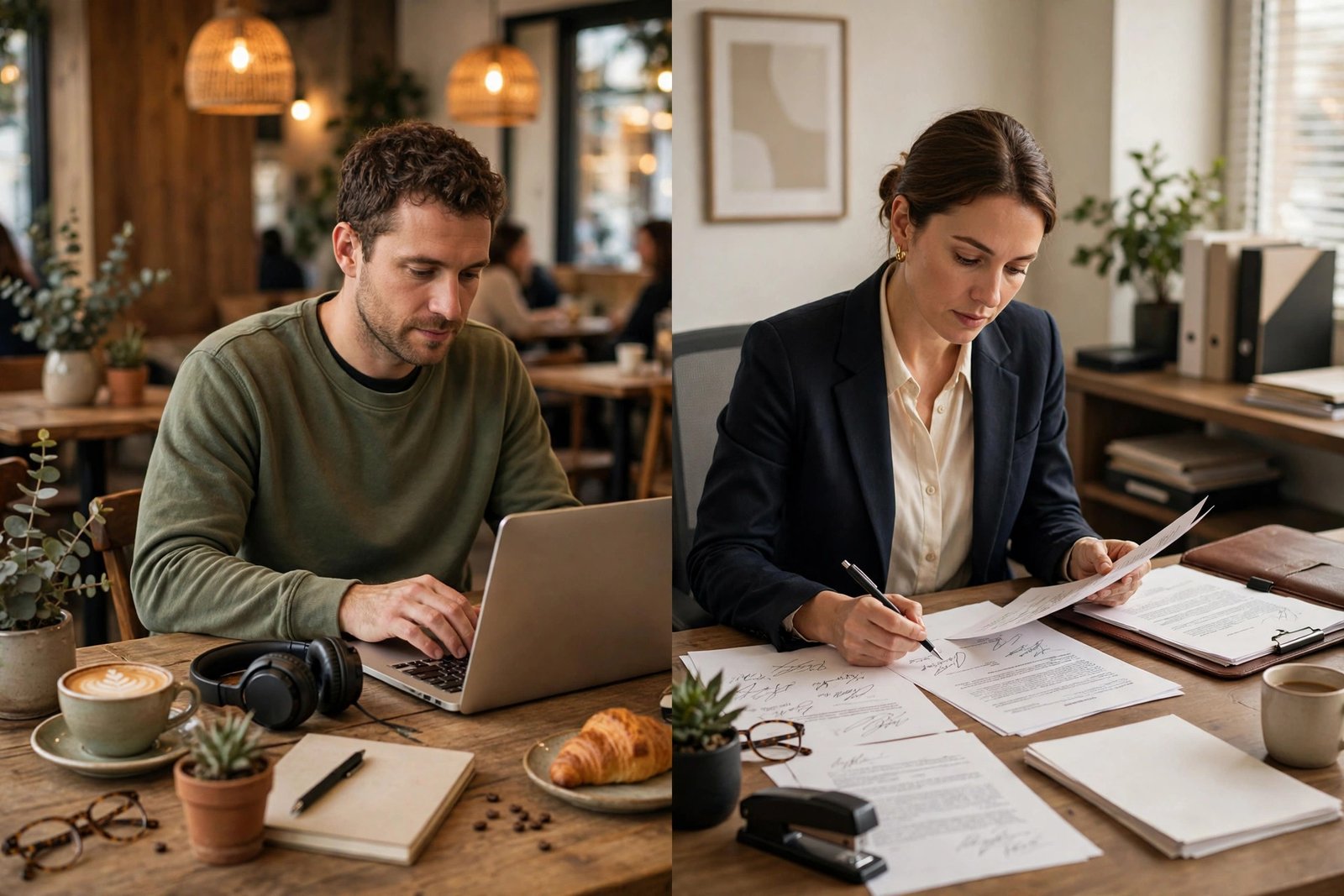 Split scene comparing a freelancer working at a cafe with a small business owner reviewing signed legal documents