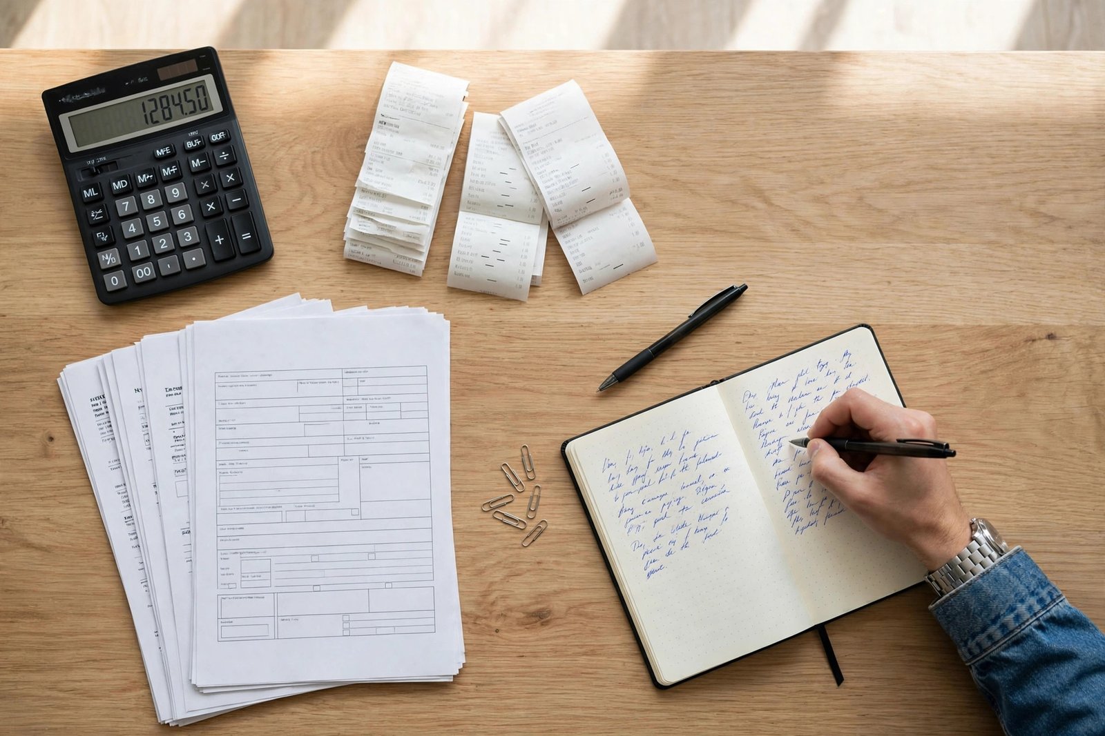 Entrepreneur calculating business taxes with a calculator beside printed tax forms and receipts