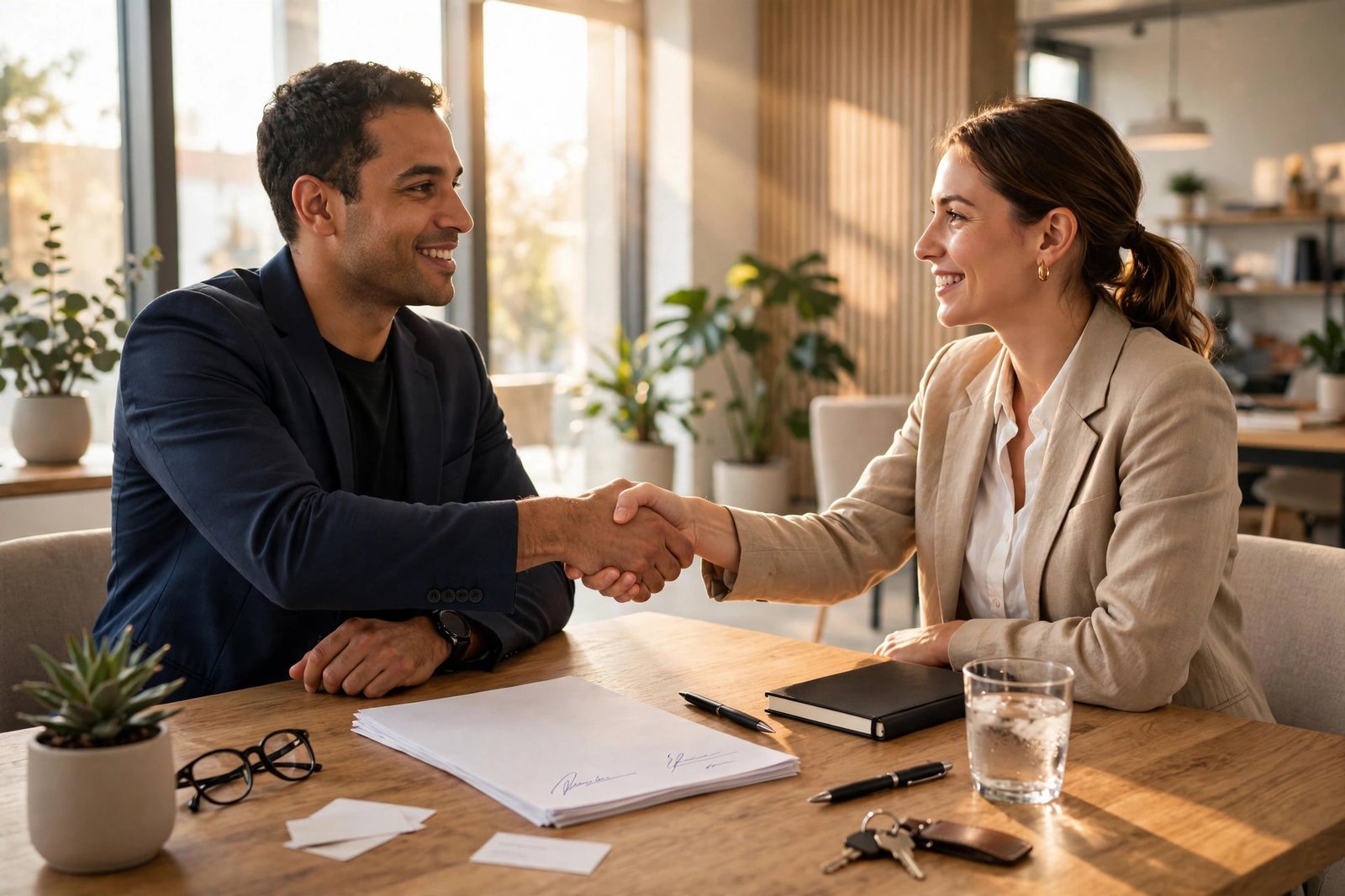 Two entrepreneurs shaking hands over signed paperwork in a bright modern office