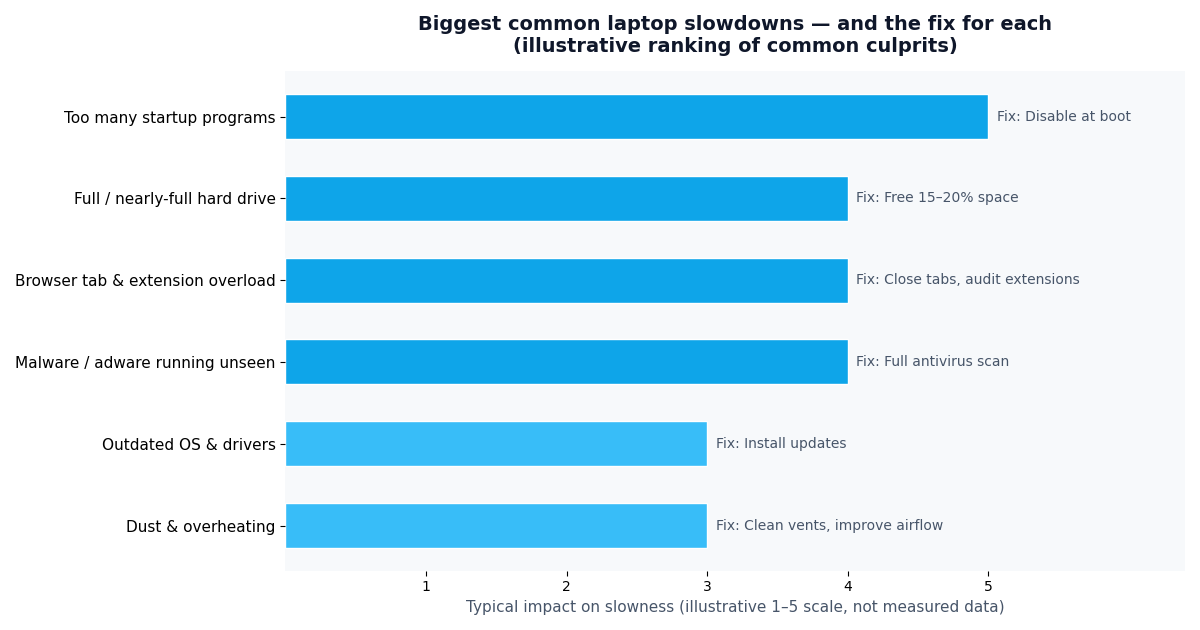 Horizontal bar chart ranking the biggest common laptop slowdowns and their fixes on an illustrative 1 to 5 impact scale