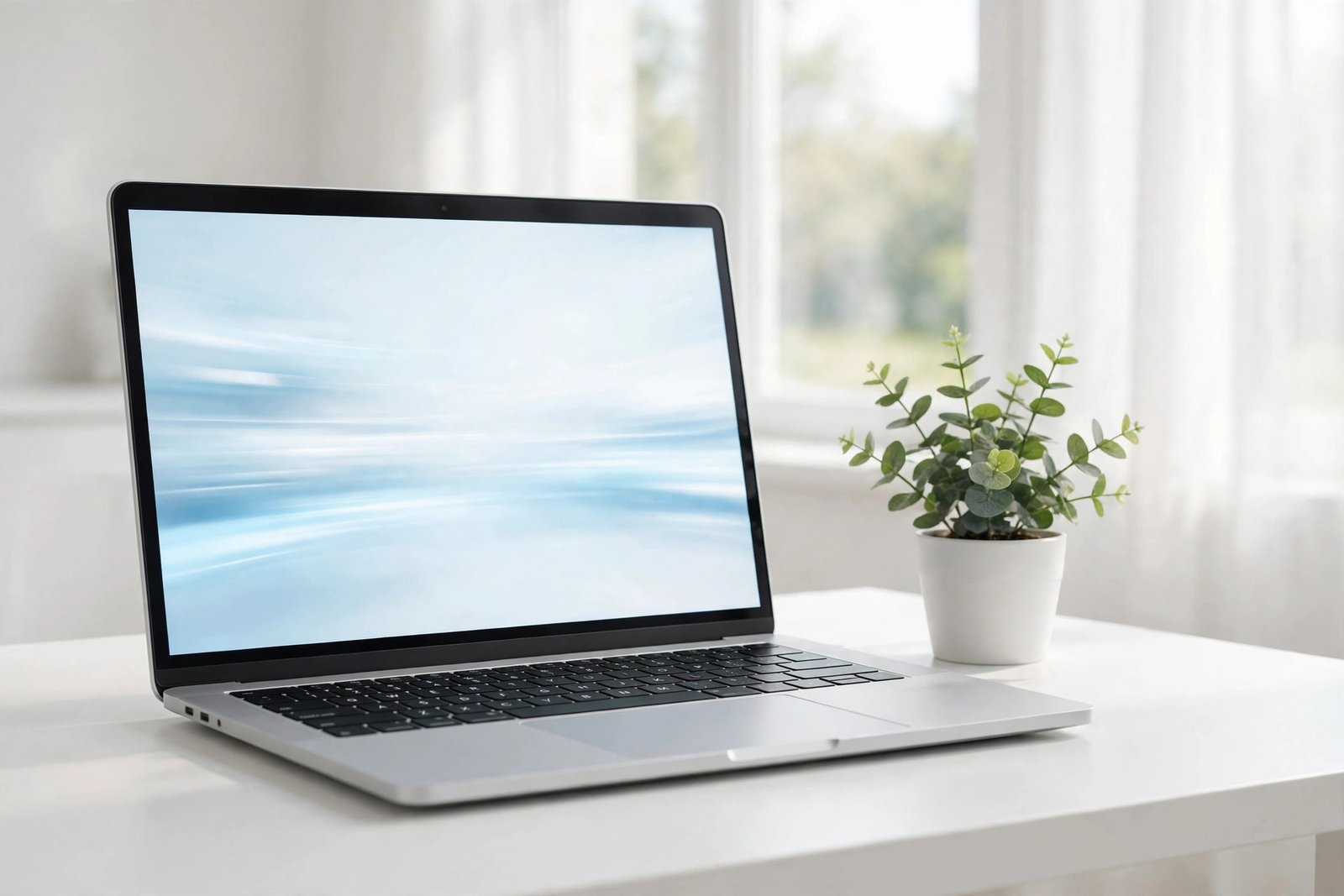 A fast, clean laptop with a bright screen on a minimalist white desk next to a small plant, representing the result of a successful laptop tune-up