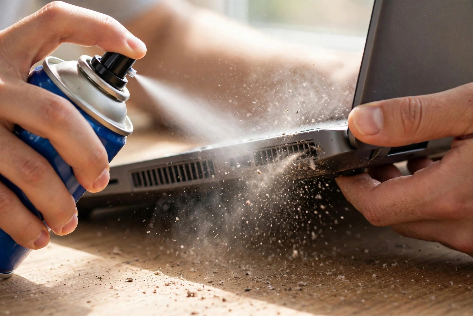 Person using a can of compressed air to clean dust from a laptop's cooling vents on a desk
