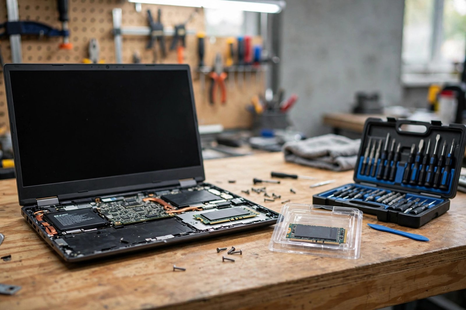 Open laptop on a workbench next to an SSD drive and a small screwdriver set, showing a storage upgrade in progress