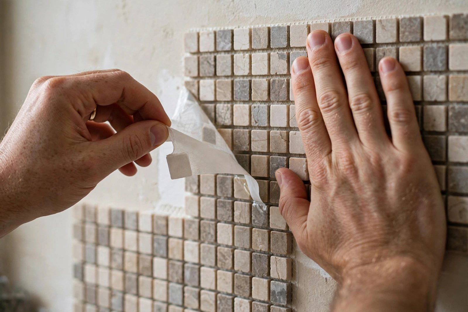 Close-up of hands pressing a peel-and-stick mosaic tile sheet onto a kitchen wall