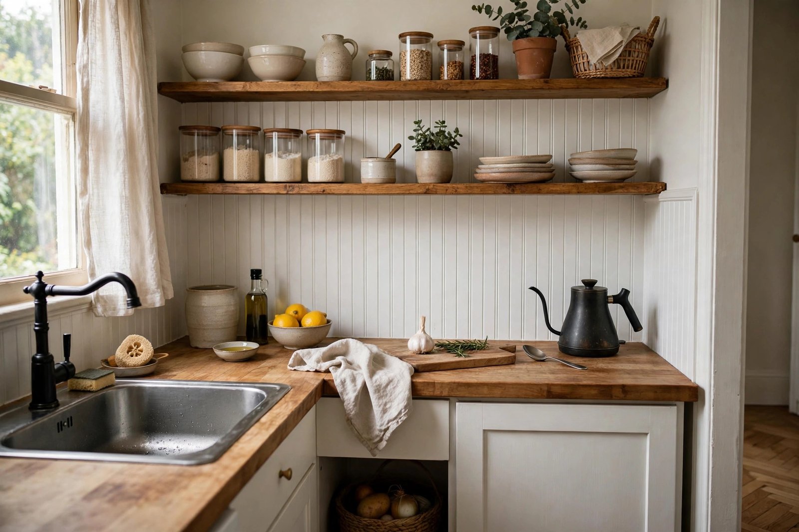 Cozy small kitchen with white painted beadboard backsplash and wooden open shelves