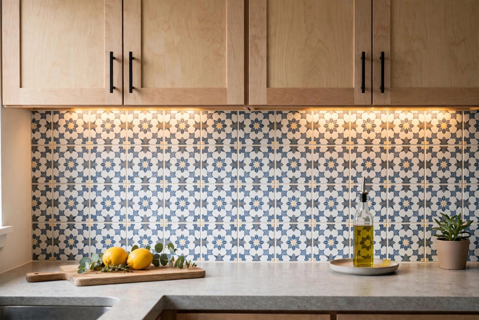 Patterned ceramic kitchen backsplash tile glowing under warm under-cabinet lighting