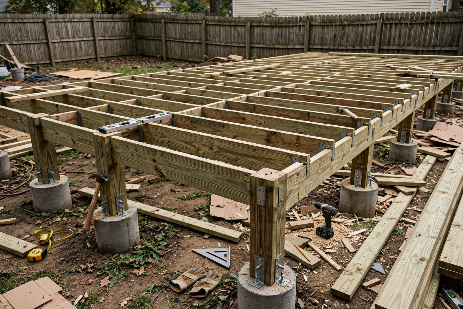 Exposed pressure-treated deck framing with joists, beams and posts on concrete footings during construction