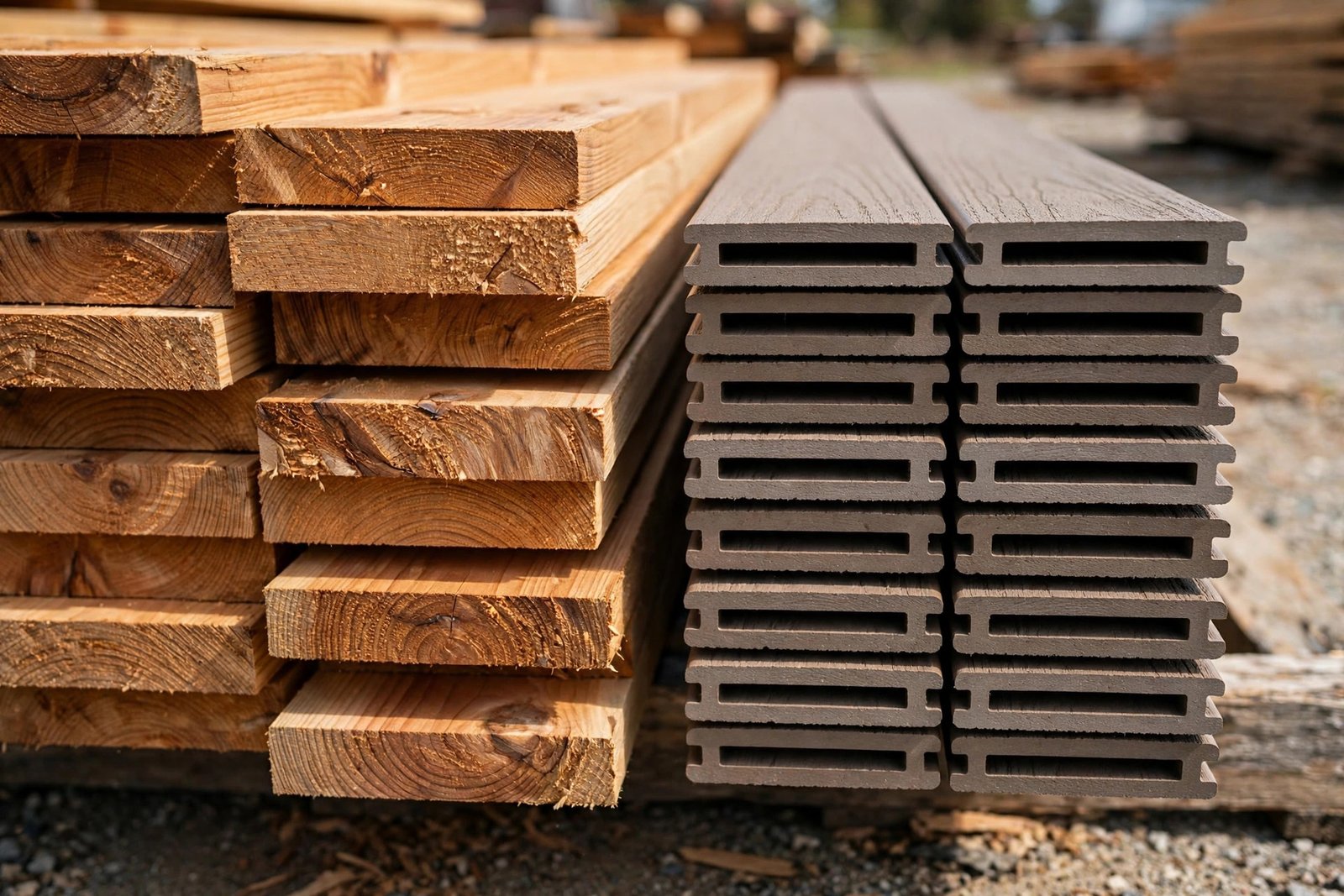 Side-by-side comparison of natural wood and composite deck boards stacked for deck building