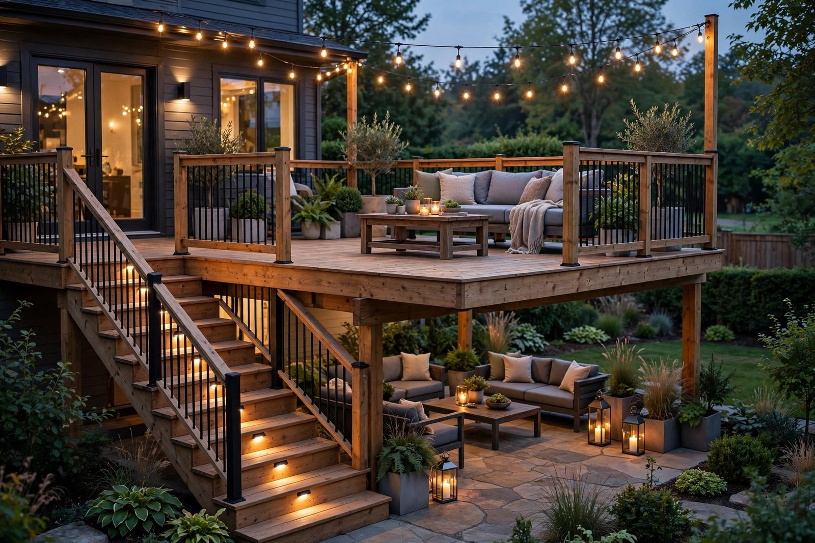 Finished multi-level backyard deck at dusk with warm string lights and built-in step lighting