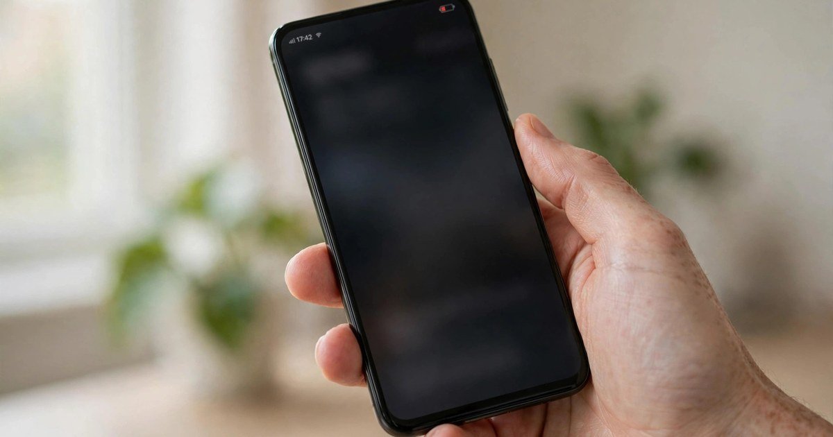 Hand holding a smartphone showing a low battery indicator