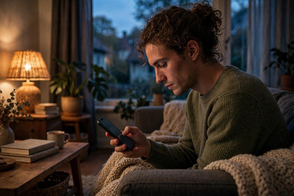 Person lowering iPhone screen brightness in a dim living room at dusk