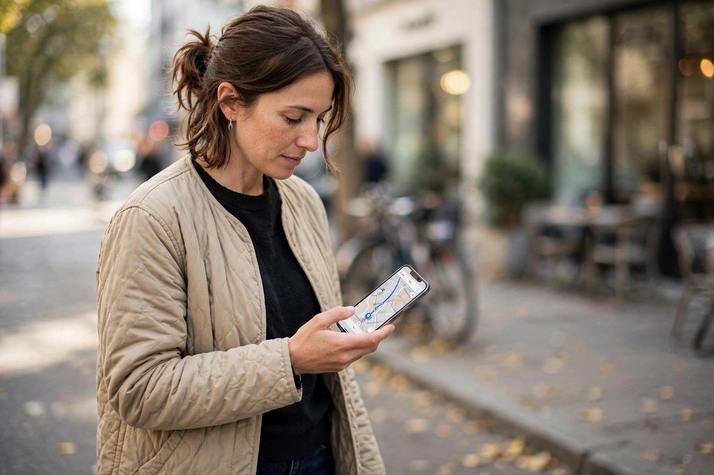 Person walking outdoors holding an iPhone with a navigation map on screen