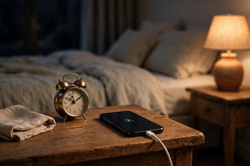 iPhone charging on a bedside table overnight next to an alarm clock