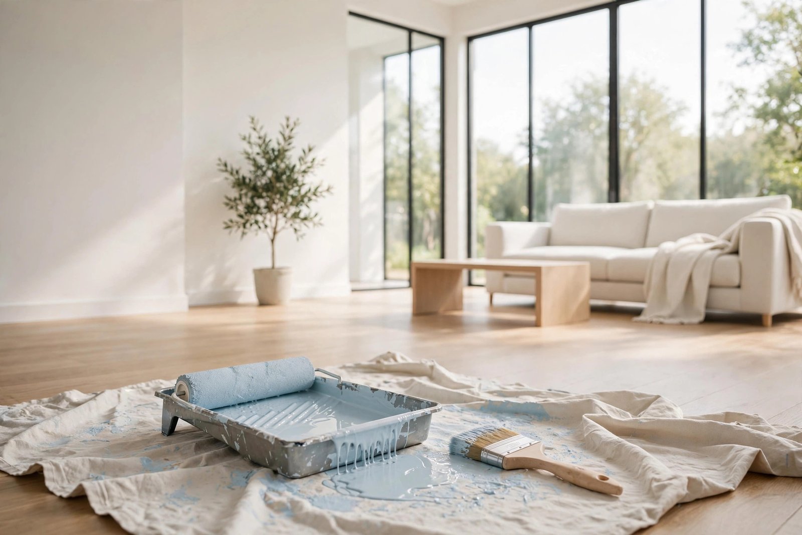 How to paint a room: freshly painted room with painting supplies and drop cloth