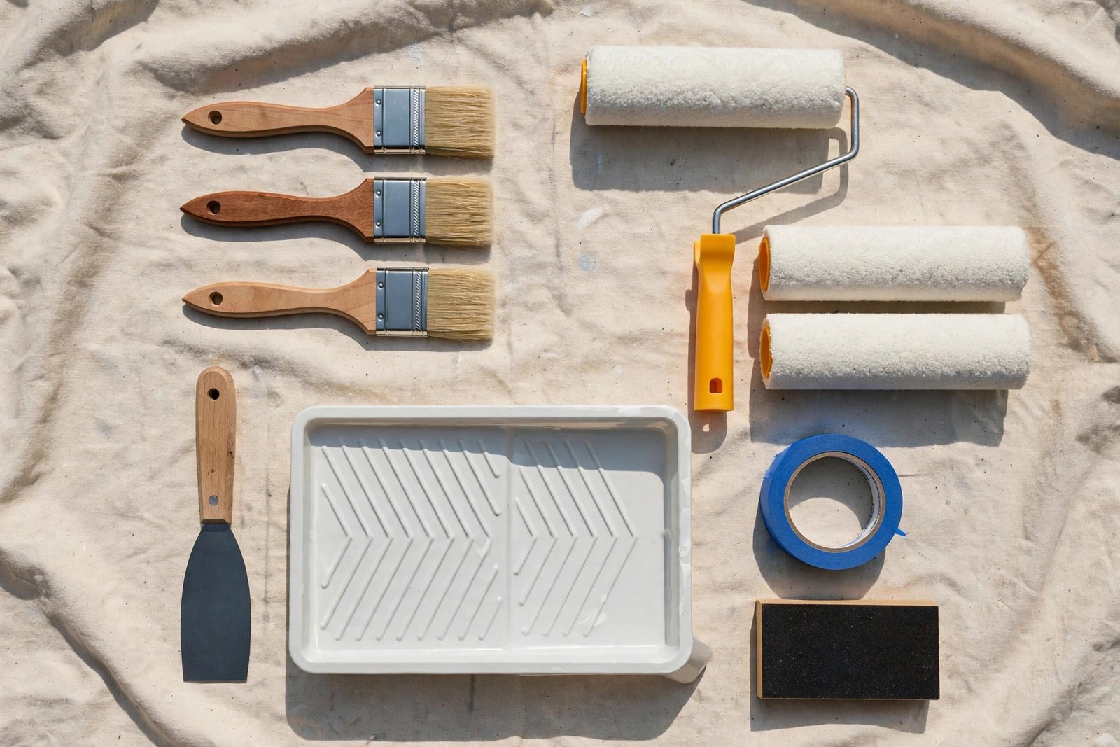 Painting supplies laid out on a drop cloth: angled brushes, roller frames with covers, painter's tape, paint tray, and putty knife