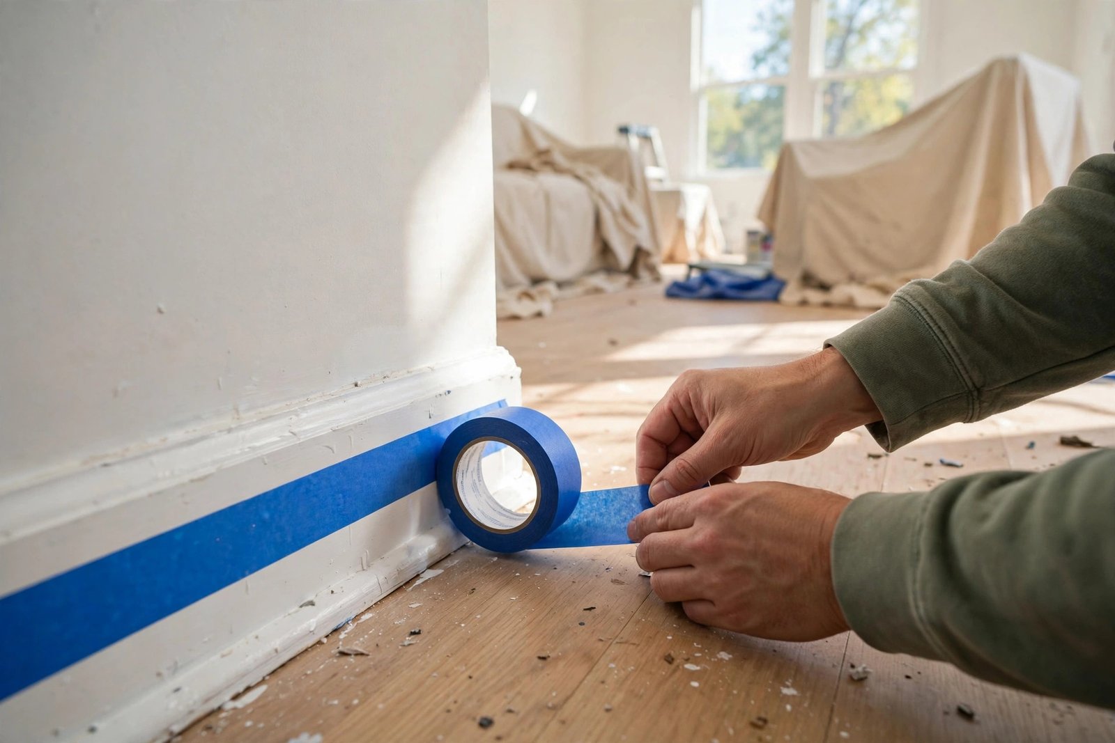 Person applying blue painter's tape along baseboards in an empty room with furniture covered by drop cloths