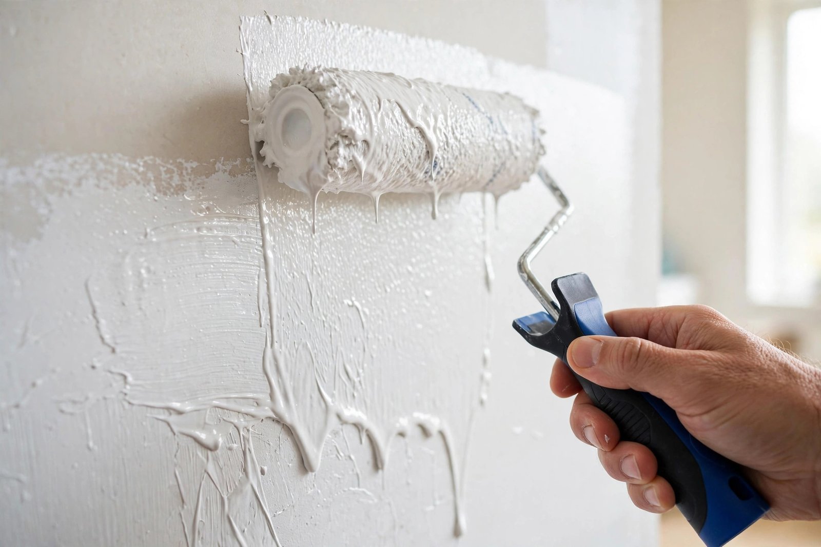 Close-up of a hand rolling fresh white paint onto a wall using the W-pattern technique