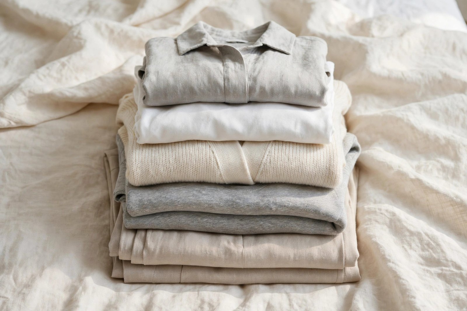 Neatly folded neutral-colored clothes stacked on a bed in a flat lay