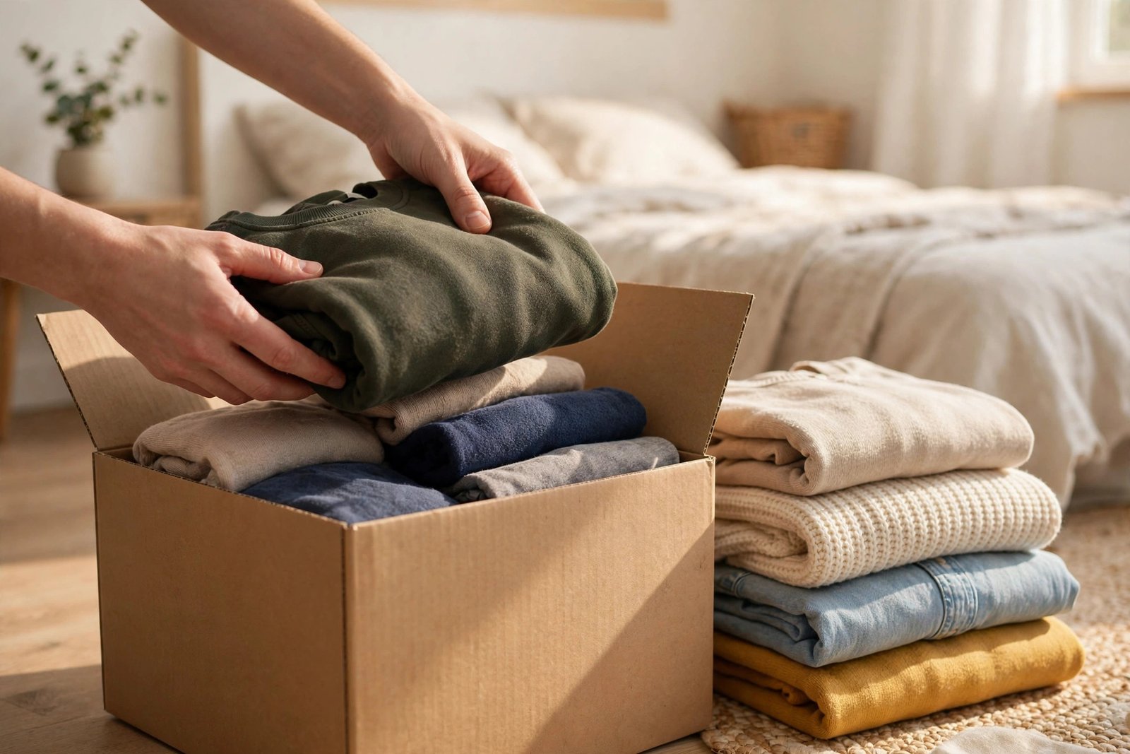 Hands placing folded clothes into a labeled donation box in a tidy bedroom