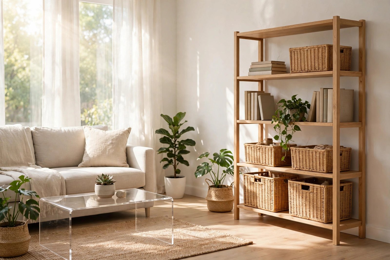 Bright minimalist living room with clear surfaces, tidy shelves, and organized storage baskets