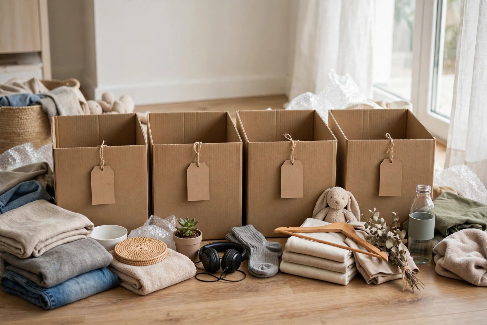 Four labeled cardboard boxes for the decluttering system: Keep, Donate, Trash, and Relocate